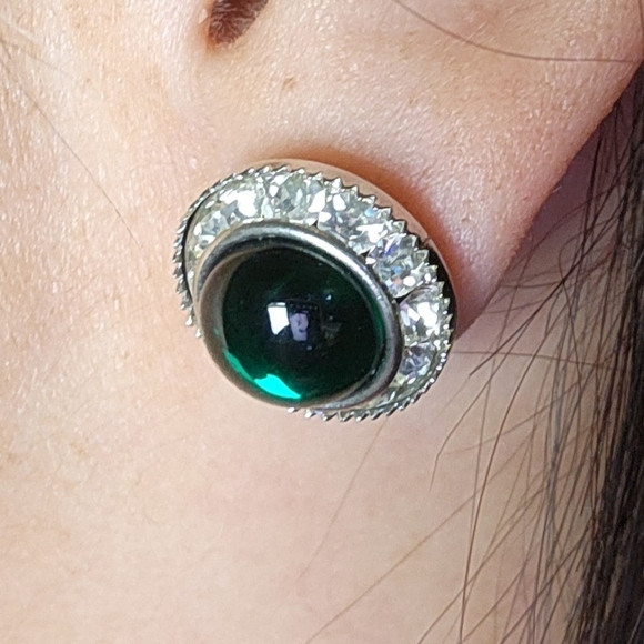 WOMENS VINTAGE DEEP OCEAN GREEN WITH DIAMONDS TASSEL EARRINGS - Picture 4 of 4